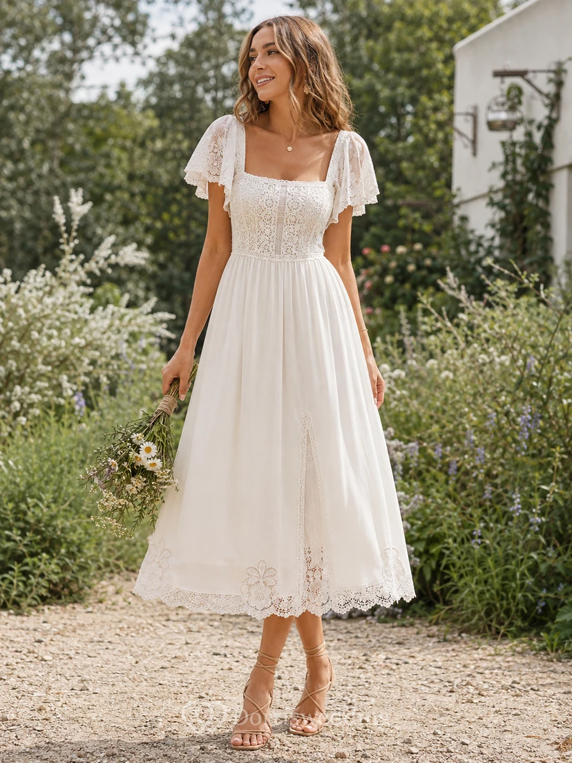 Tea Length Boho Wedding Dress with Square Neckline, Flutter Sleeves & Side Slit Lace Trim Skirt