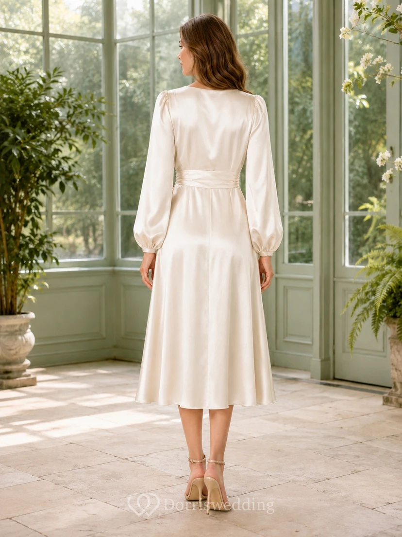 Ivory V-Neck Long Sleeve Satin Midi Dress Classic view 2