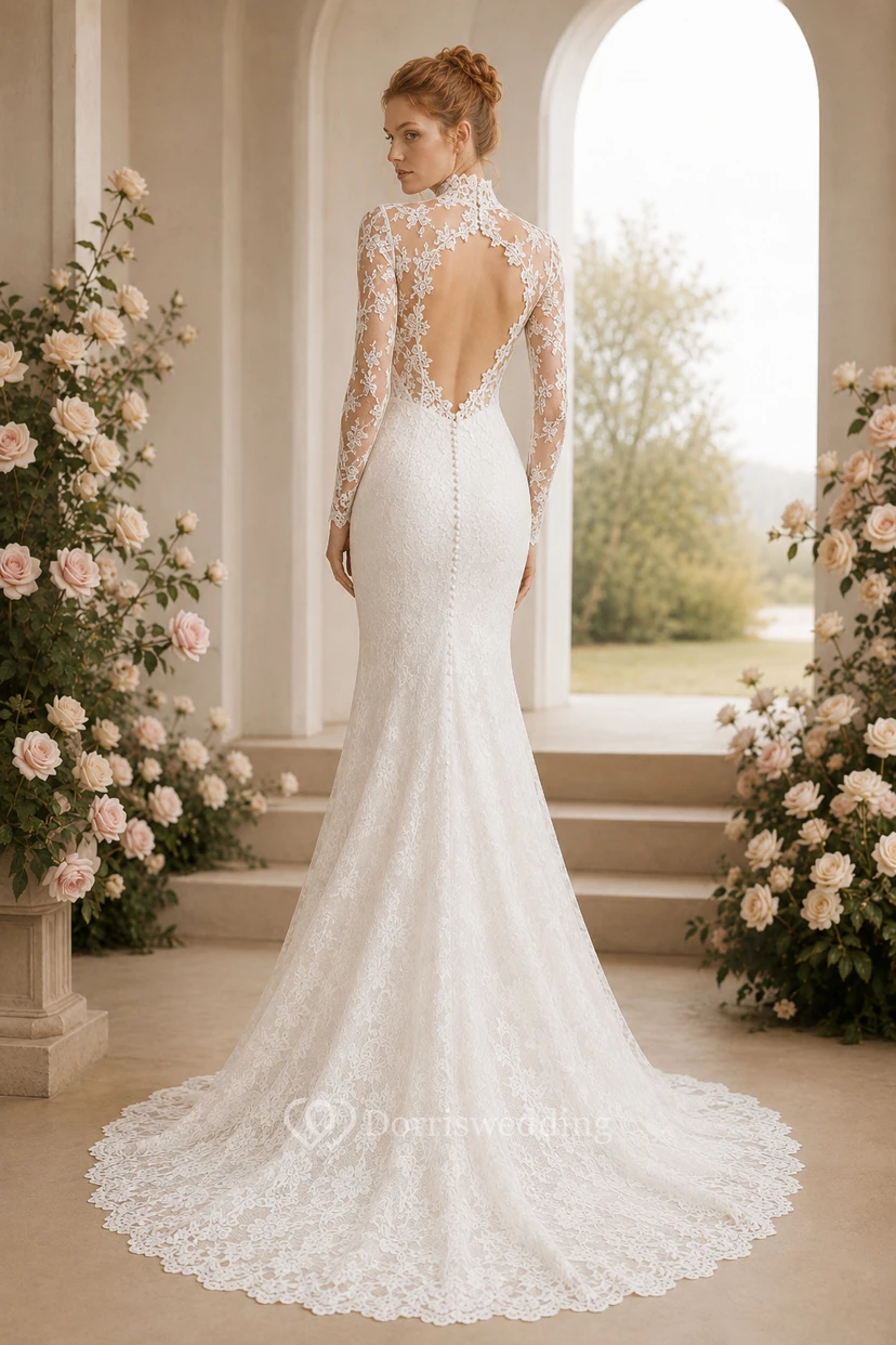 Hochgeschlossenes, langärmeliges Meerjungfrauen-Brautkleid aus Spitze mit offenem Rücken und Spitze view 2