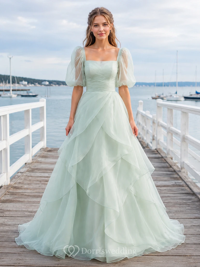 Mint Green Square Neck Puff Sleeve Layered Organza A-Line Wedding Dress