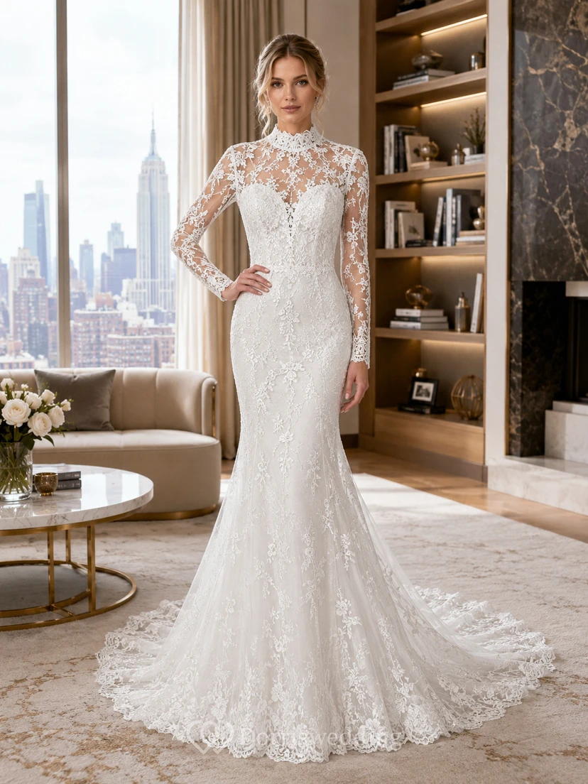 Modest Lace Tulle Wedding Dress Mermaid Jewel Neck Long Sleeve Chapel Train Bridal Gown