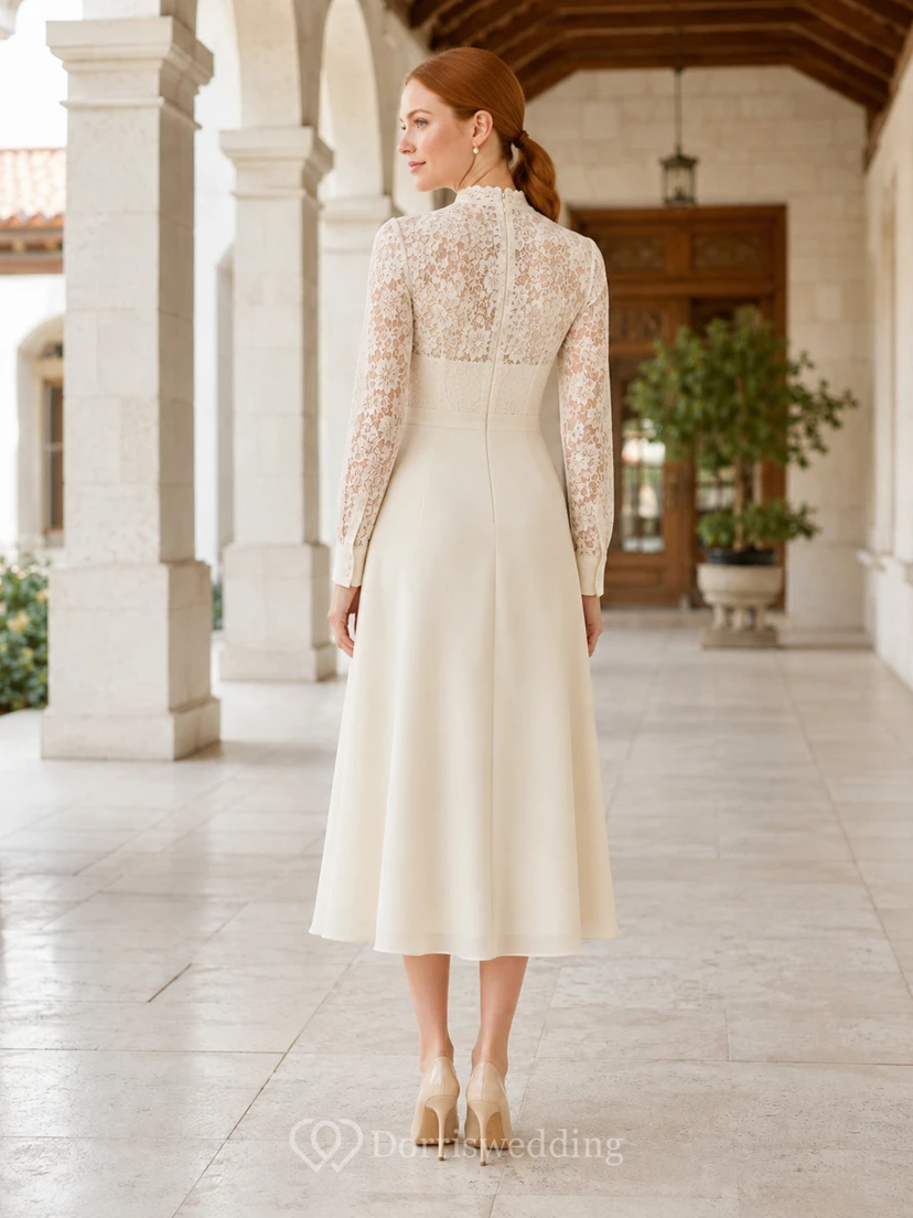 Cream Lace Sleeve High Neck Temple Ceremony Midi Dress view 2