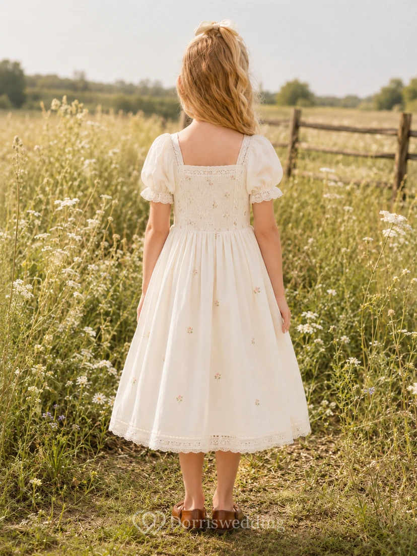 A-Line Flowergirl Tulle Tea-Length Puff Sleeve Prairie Wedding Dress view 2