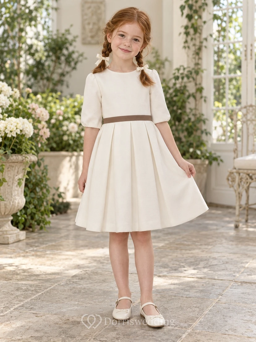 Simple Modest Cream Knee Length Elbow Sleeve Slim Brown Waist Pleated Flower Girl Dress view 2
