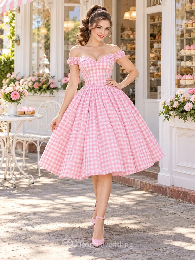 Vintage Candy Pink Gingham Off Shoulder Pleated Swing Cocktail Dress