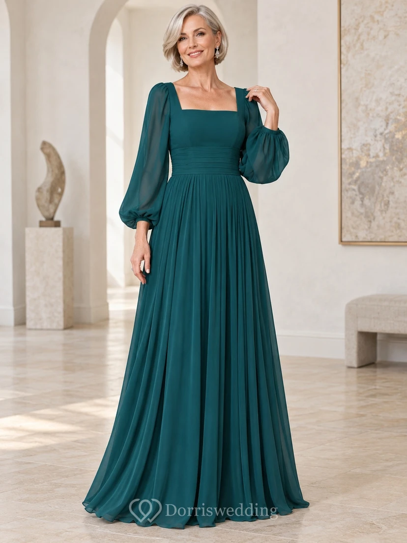 Türkisfarbenes, eckiges, schlichtes, langärmeliges, formelles Chiffon-Abendkleid in A-Linie mit Falten, bodenlang