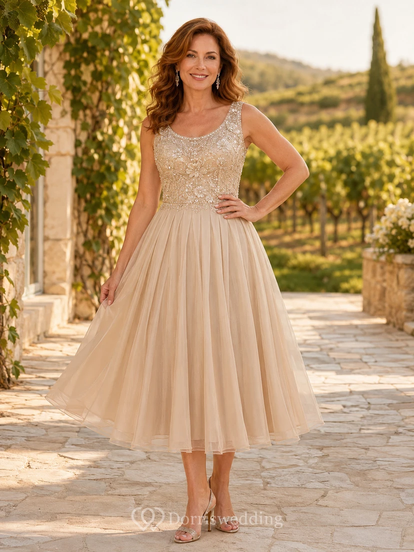 Champagnerfarbenes Prinzessinnenkleid mit Rundhalsausschnitt, A-Linien-Schnitt und Teelänge für die Mutter der Braut, ärmelloses Oberteil aus perlenbesetzter Spitze