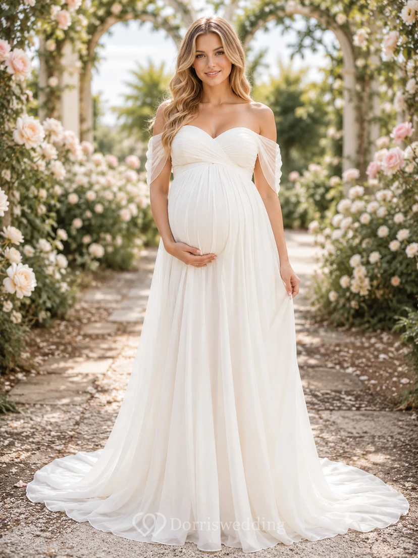 Vestido de novia premamá con hombros descubiertos, sencillo, corte en A, de tul, estilo jardín, con cola suave.
