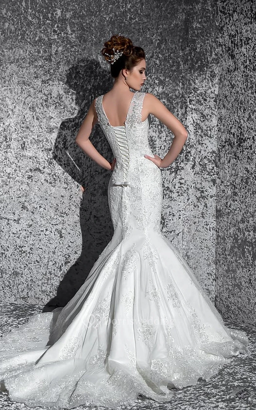 Mermaid Maxi V-Neck Sleeveless Lace-Up Lace Dress With Beading view 2