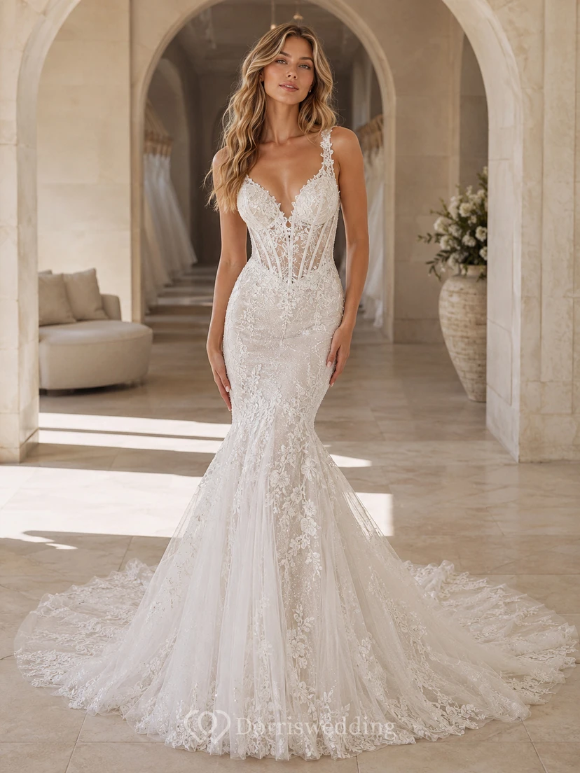 Robe de mariée sirène vintage en dentelle, décolleté en V profond, sans manches, traîne chapelle, ornée d'appliqués floraux, idéale pour une cérémonie.