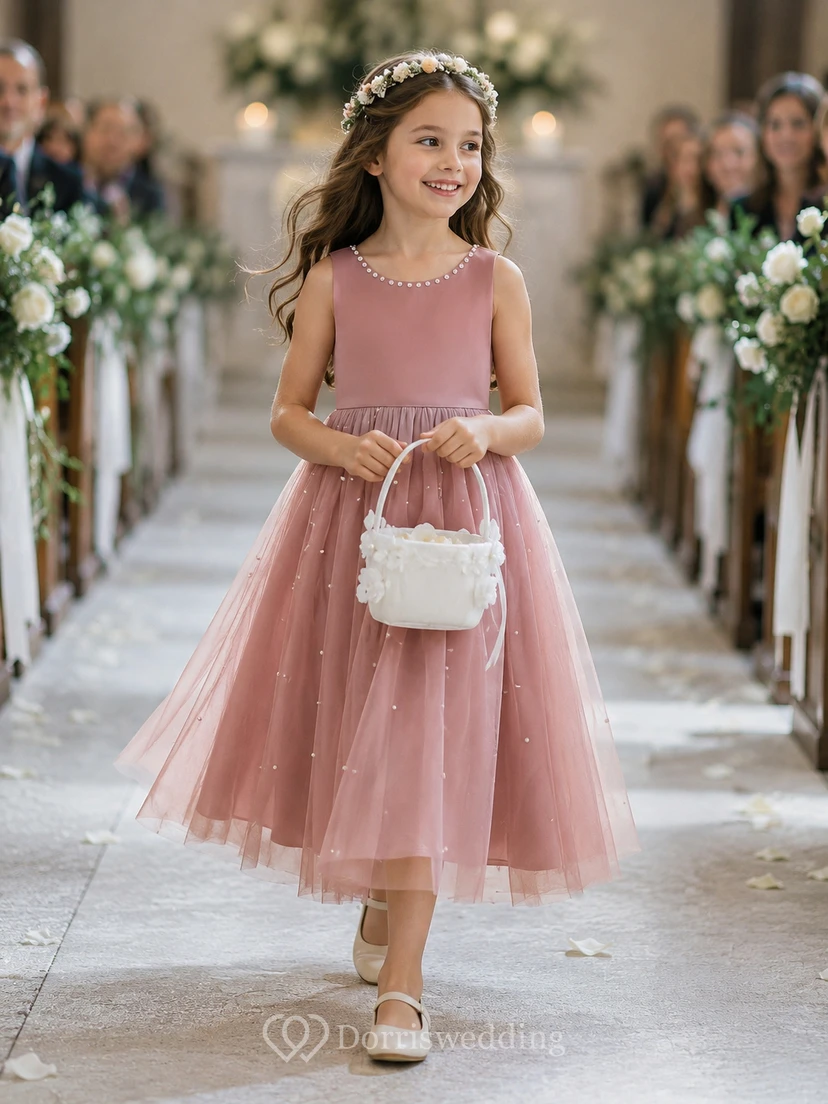 Scoop-neck Sleeveless Tulle Satin A-line Flowergirl Dress view 3
