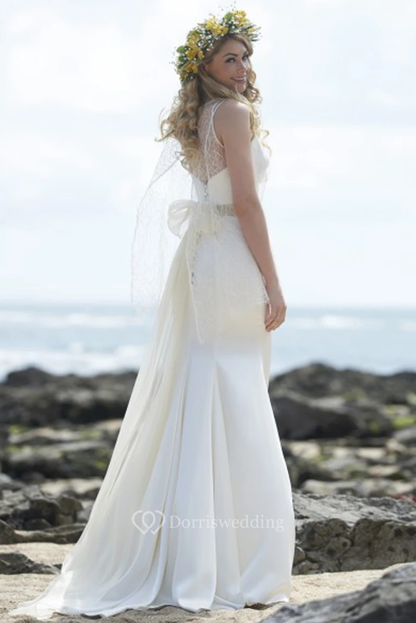 Long Bowed Chiffon Wedding Dress With Watteau Train And Backless