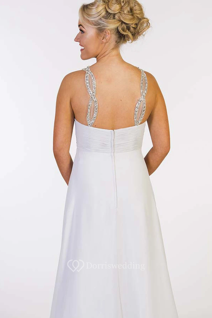 A-Line Beaded Empire Floor-Length Sleeveless Sweetheart Chiffon Prom Dress With Zipper Back And Ruching view 3