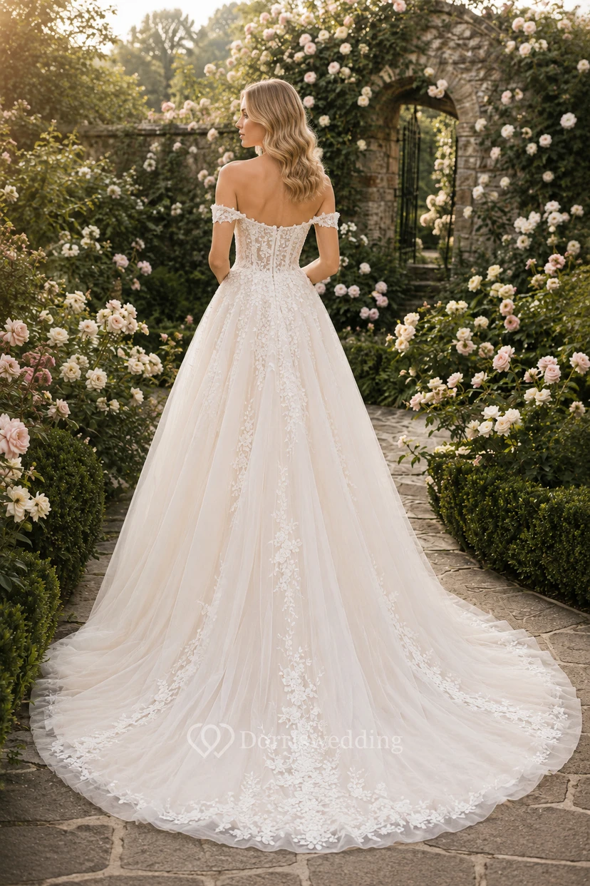 Off-the-Shoulder Lace Ball Gown Wedding Dress view 2