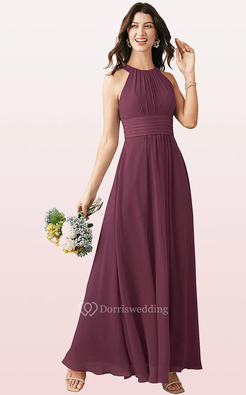 Halter A Line Sleeveless Ankle-length Chiffon Bridesmaid Dress With Ruching view 14