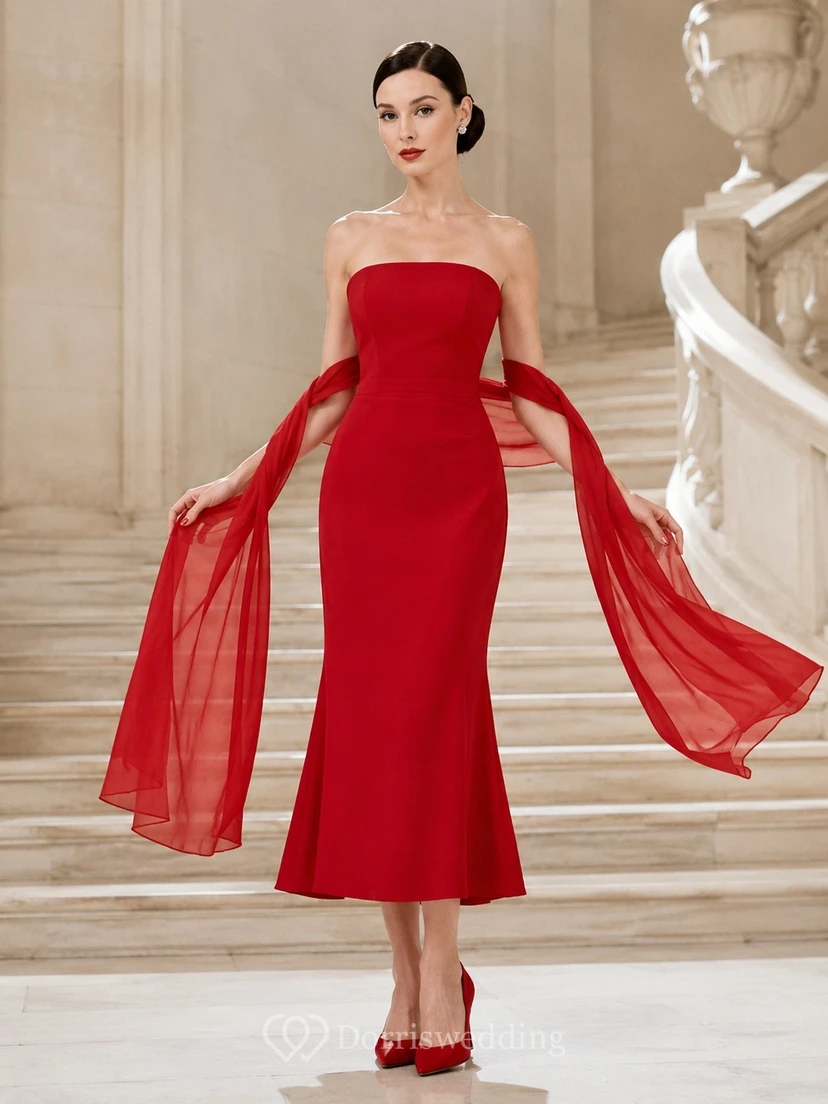Robe de soirée fourreau rouge satinée sexy, longueur thé, sans bretelles, manches drapées