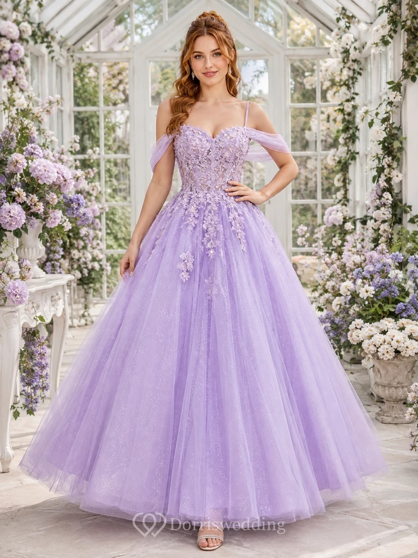 Lavender Lace Tulle Sweetheart Off-the-shoulder Ball Gown Petal Sleeve Floral Princess Dress