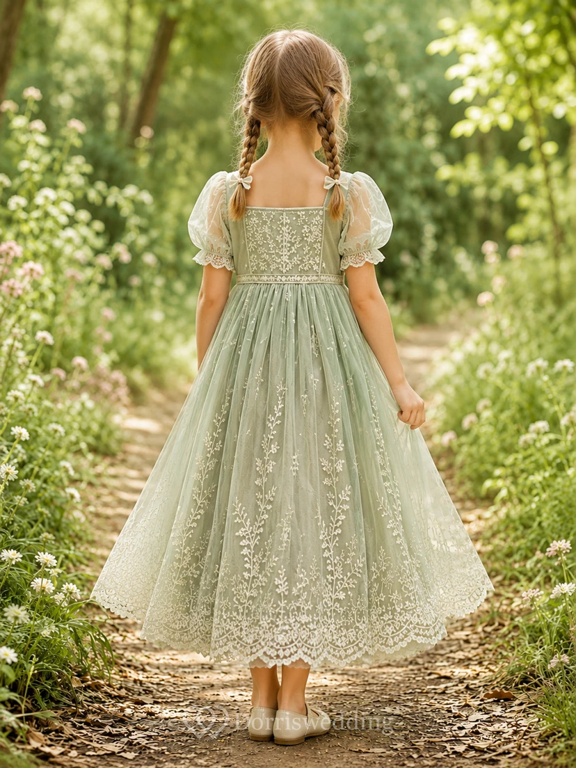 Flower Girl Dress Sage Lace Tulle A-Line Puff Sleeve Square Neck Tea Length Applique view 2