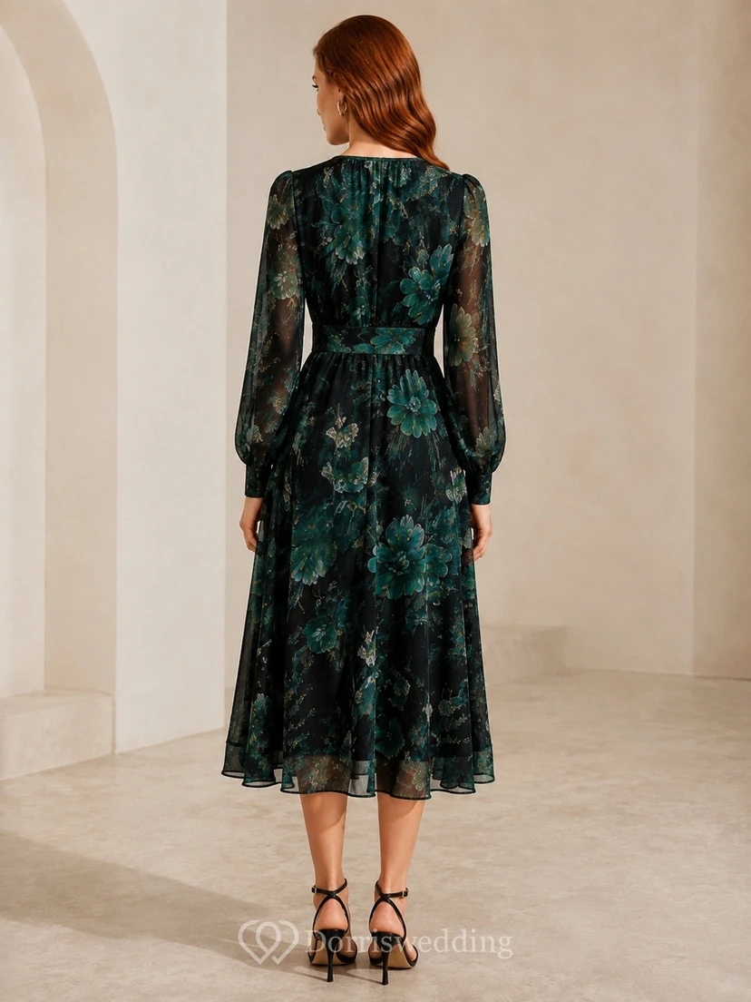 Dark Green Floral Chiffon V-Neck Long-Sleeve A-Line Tea-length Cocktail-Dress view 2