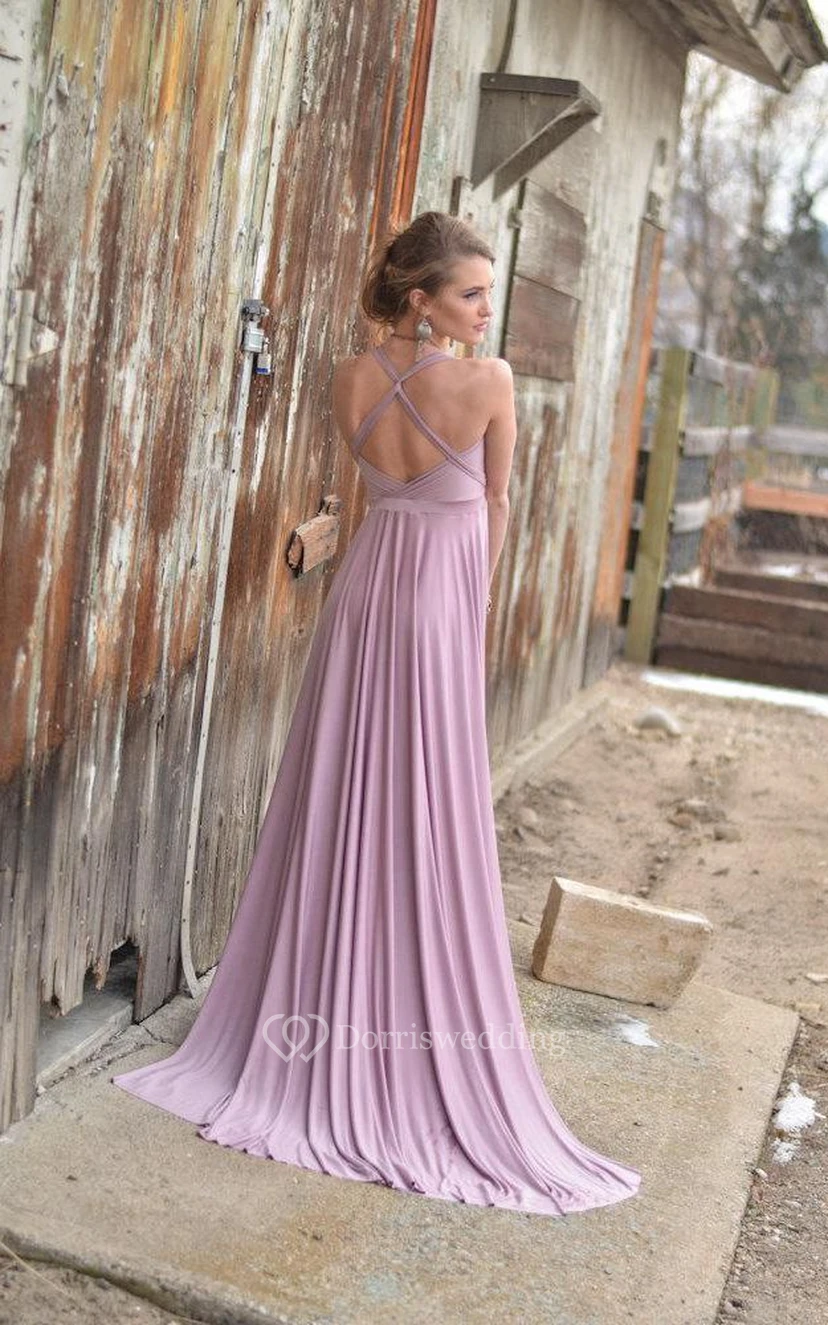 V Neck Pleated A-line Jersey Long Dress With Criss Cross Back view 4
