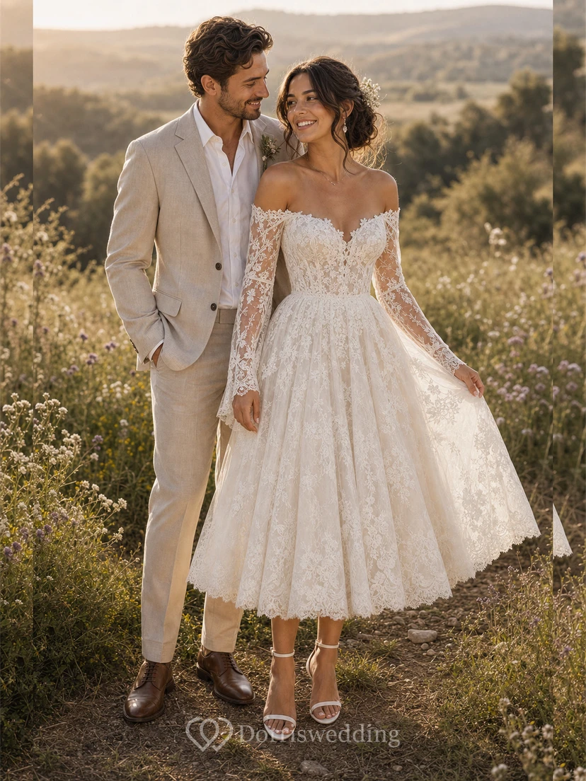 Boho-Brautkleid in Teelänge mit schulterfreiem Ausschnitt, langen Spitzenärmeln und voluminösem, floralem Spitzen-Midirock view 3
