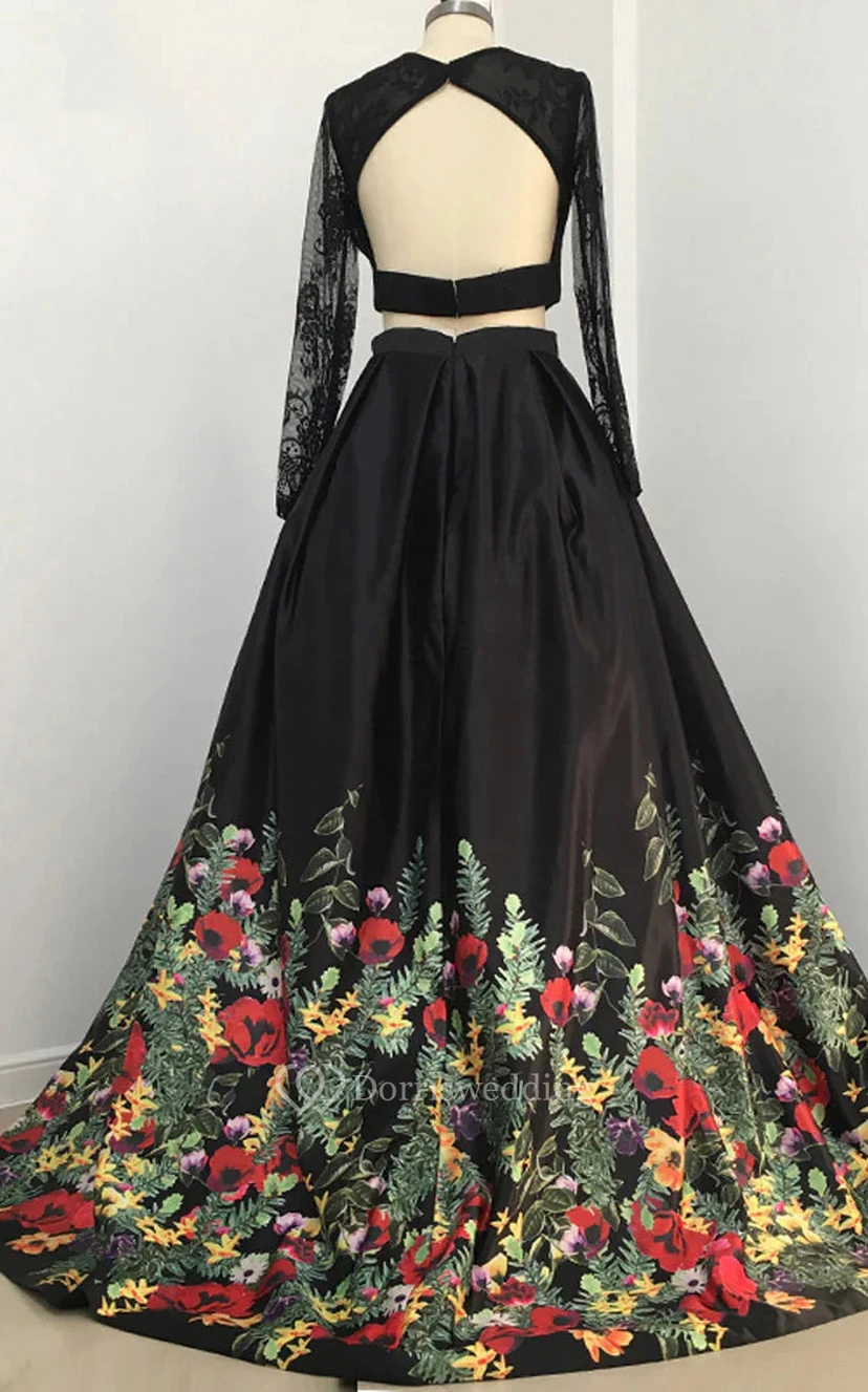 Schwarzes zweiteiliges A-Linien-Abendkleid mit Illusion-Ausschnitt, langen Ärmeln und Schlüssellochausschnitt sowie floraler Stickerei view 4