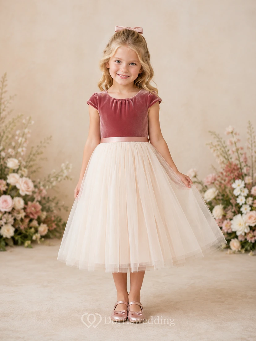 Robe de demoiselle d'honneur vintage en velours mauve, col rond, manches courtes, tulle, longueur thé, coupe trapèze, col rond, idéale pour une réception.