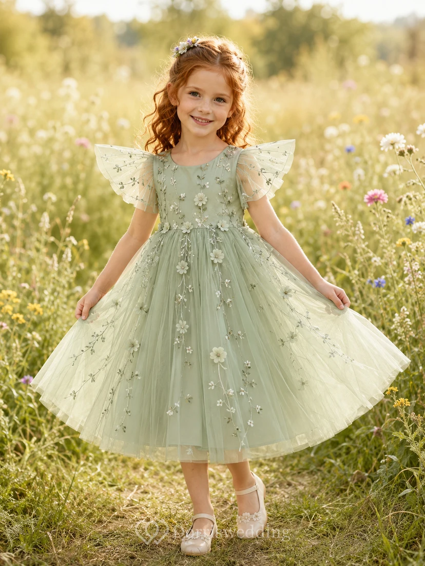 Flower Girl Dress A-Line Sage Fairy Wing Tulle Flower Sleeve Garden