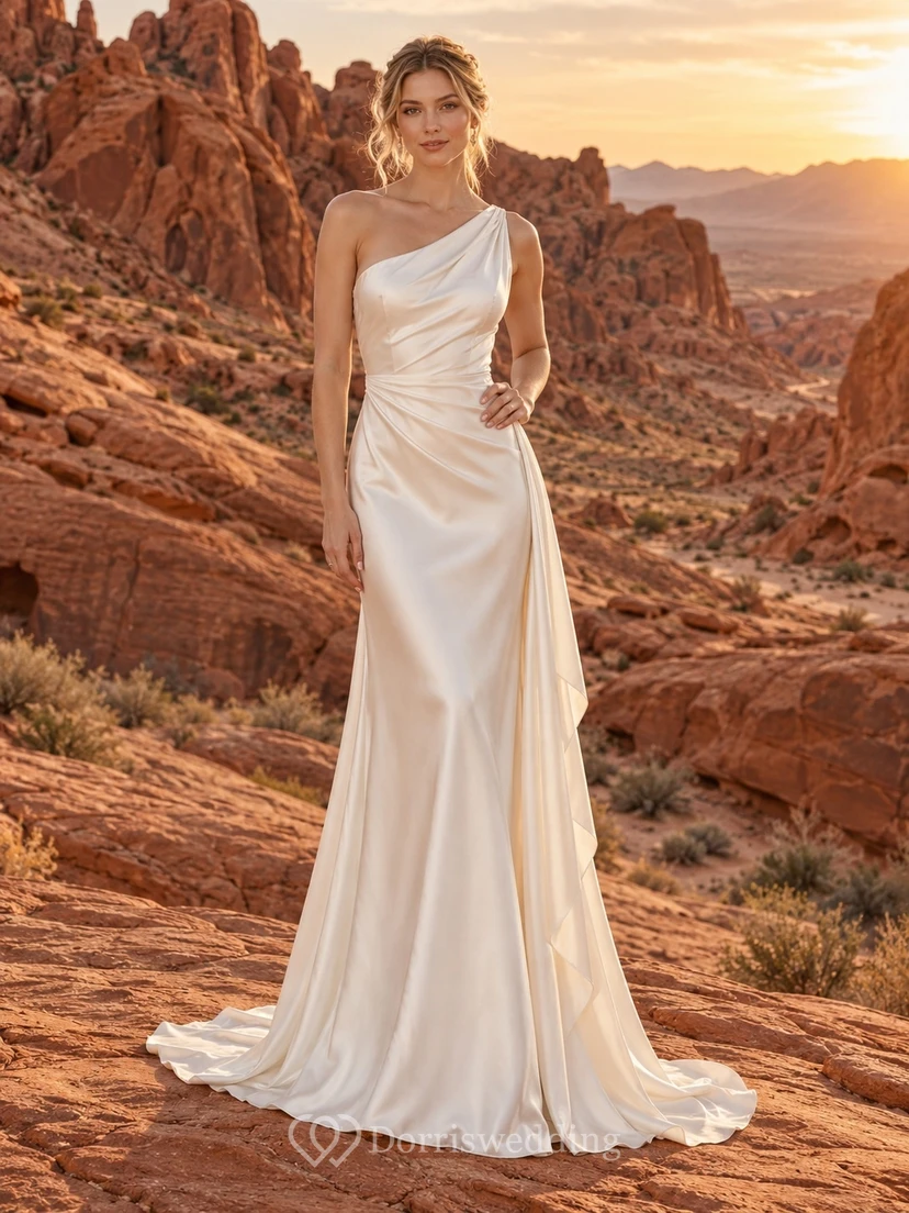 Vestido de novia sencillo de un solo hombro, sin mangas, drapeado y largo hasta el suelo, de charmeuse.