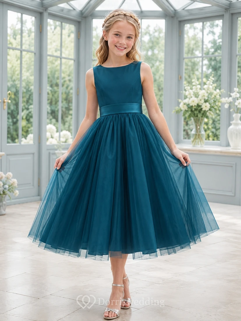 Pfauenblaues Brautjungfernkleid für junge Damen, A-Linie, Teelänge, eckig, ärmellos, Tüll, gestuft, bezaubernd, formell