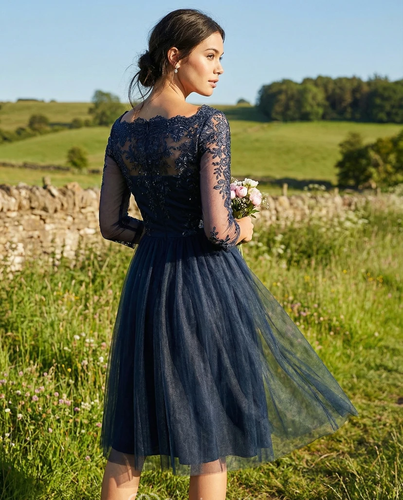 3/4 Sleeve Bateau Neck Tulle Bridesmaid Dress view 2
