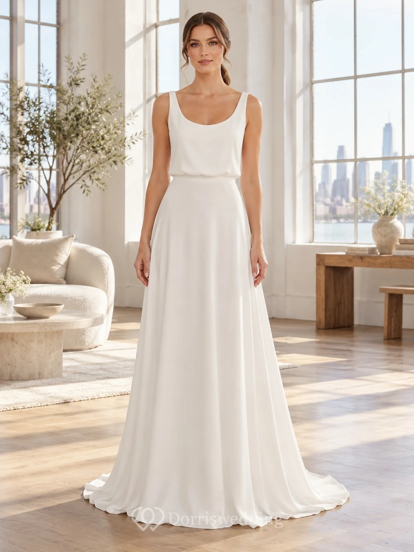 Simple Scoop Neck Sleeveless Flowing Full A-line Bridal Wedding Dress