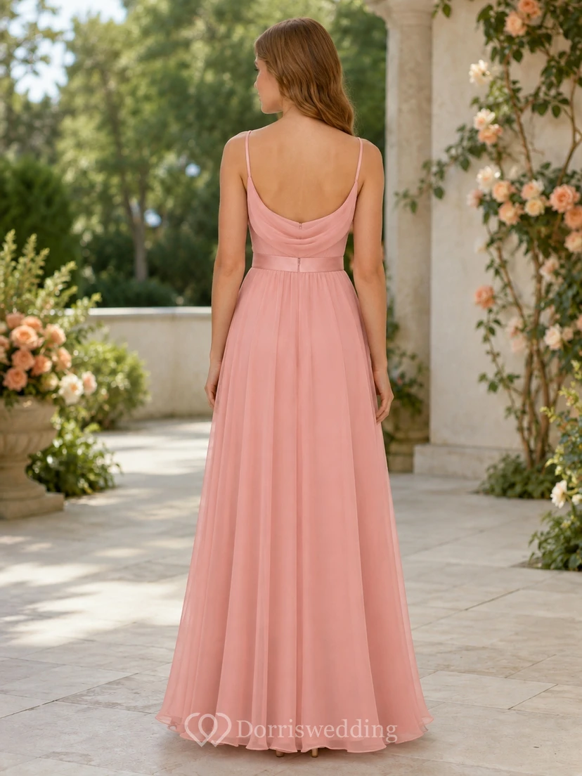 Korallenfarbenes, elegantes A-Linien-Brautjungfernkleid aus Chiffon mit Spaghettiträgern und Wasserfallausschnitt, ärmellos view 2