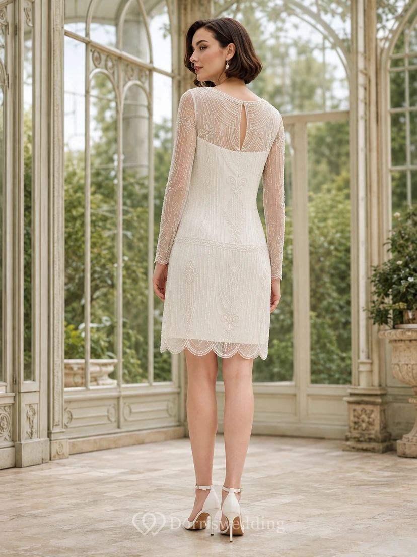 Vintage Bateau Long Illusion Geometric Crochet Lace Sheath Knee Length Wedding Dress view 2