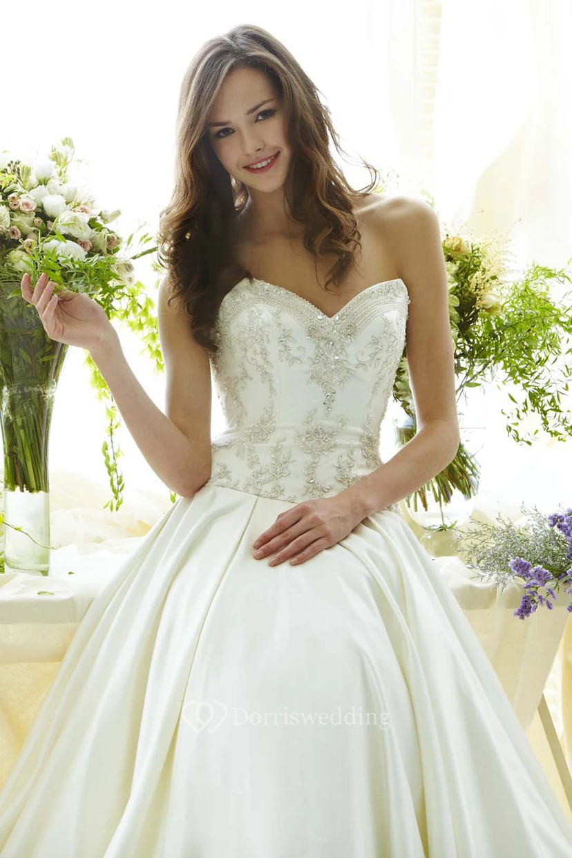 Floor-Length Sweetheart Beaded Satin Wedding Dress With Brush Train And V Back view 4