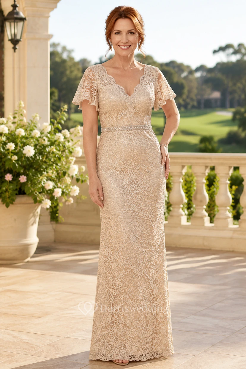Champagne Lace Sheath Mother Dress with Flutter Sleeves