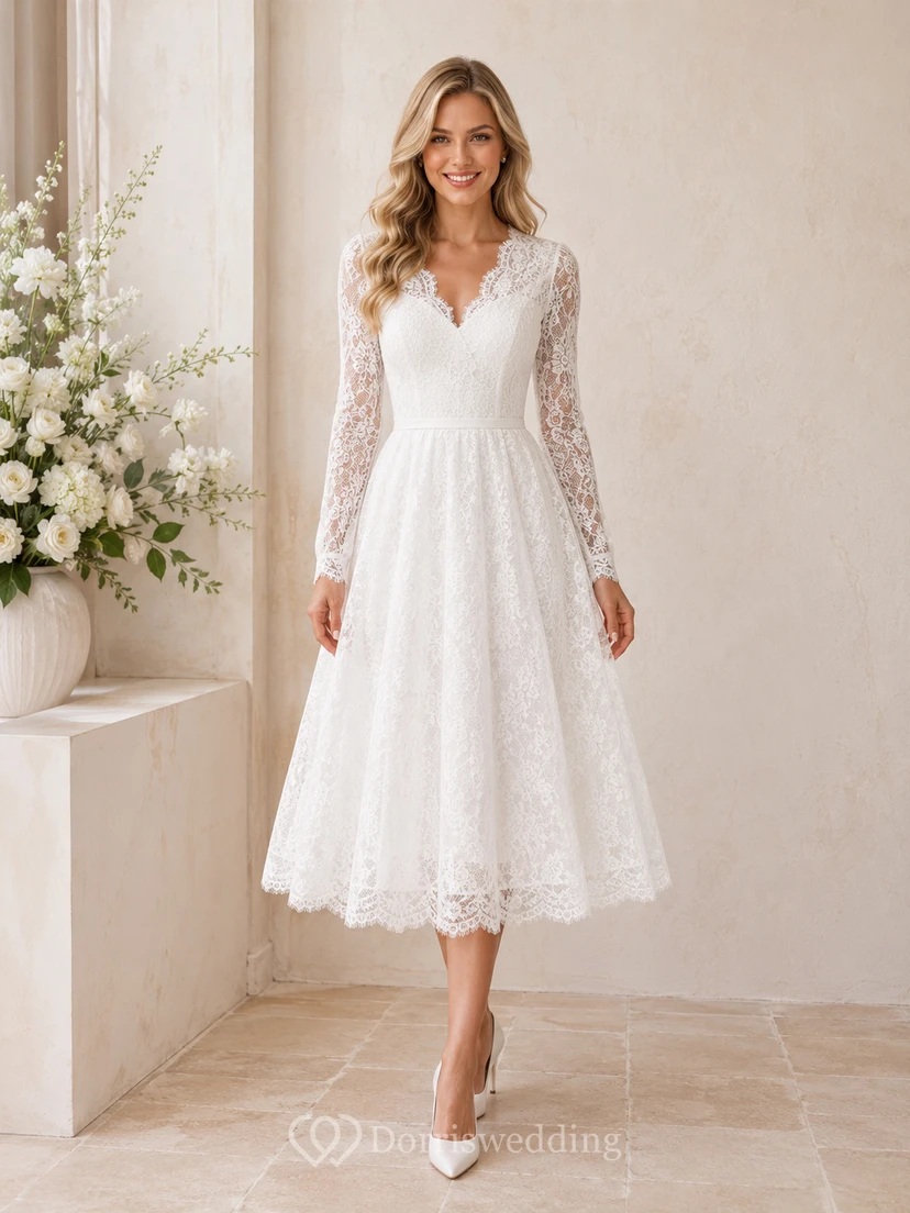 Robe de mariée mi-longue à manches longues et col en V en dentelle avec fermeture éclair illusion