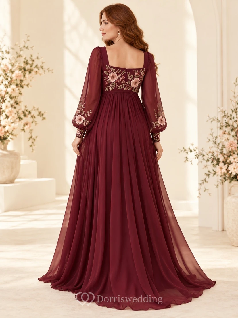 Maternity Long Sleeve Square Neck Burgundy Floral Embroidered Chiffon Gown view 2