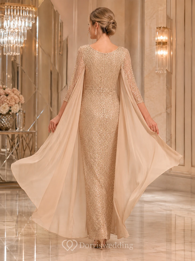 Champagnerfarbenes Paillettenkleid mit U-Boot-Ausschnitt, Cape-Ärmeln und bodenlangem Schnitt für die Mutter der Braut (Empfang) view 2