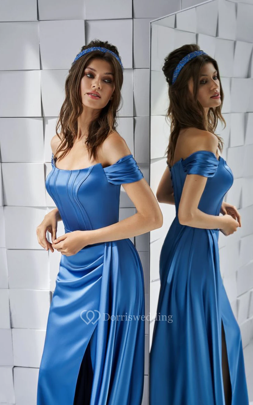 Elegantes schulterfreies Partykleid aus Satin mit Schlitz vorne und Korsettrücken view 3