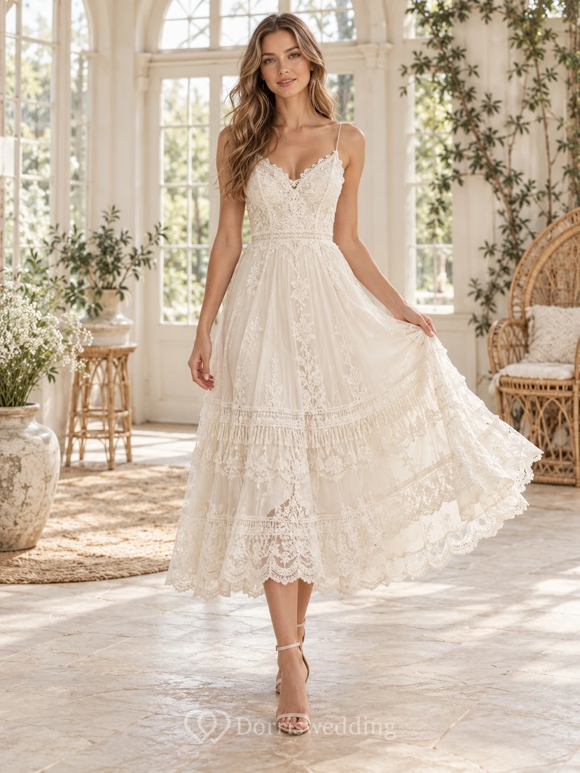 Boho Tea-length Spaghetti Strap V-neck Tiered Lace Wedding Dress