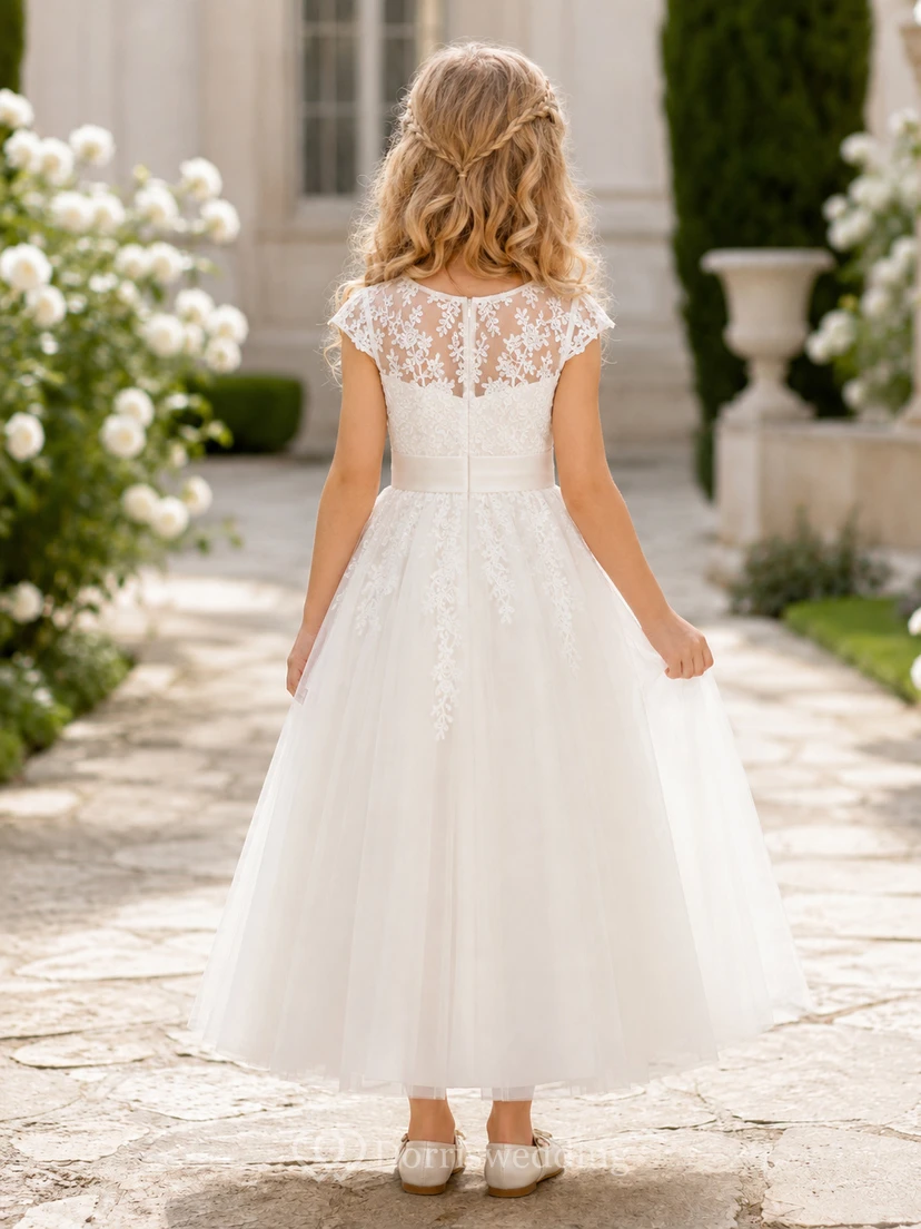 Robe de demoiselle d'honneur en dentelle ivoire et tulle, coupe trapèze, manches courtes, col rond, longueur midi view 2