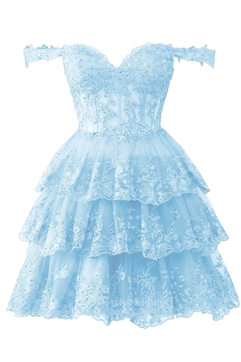 Blue Off-the-Shoulder Short Dress with Lace view 25
