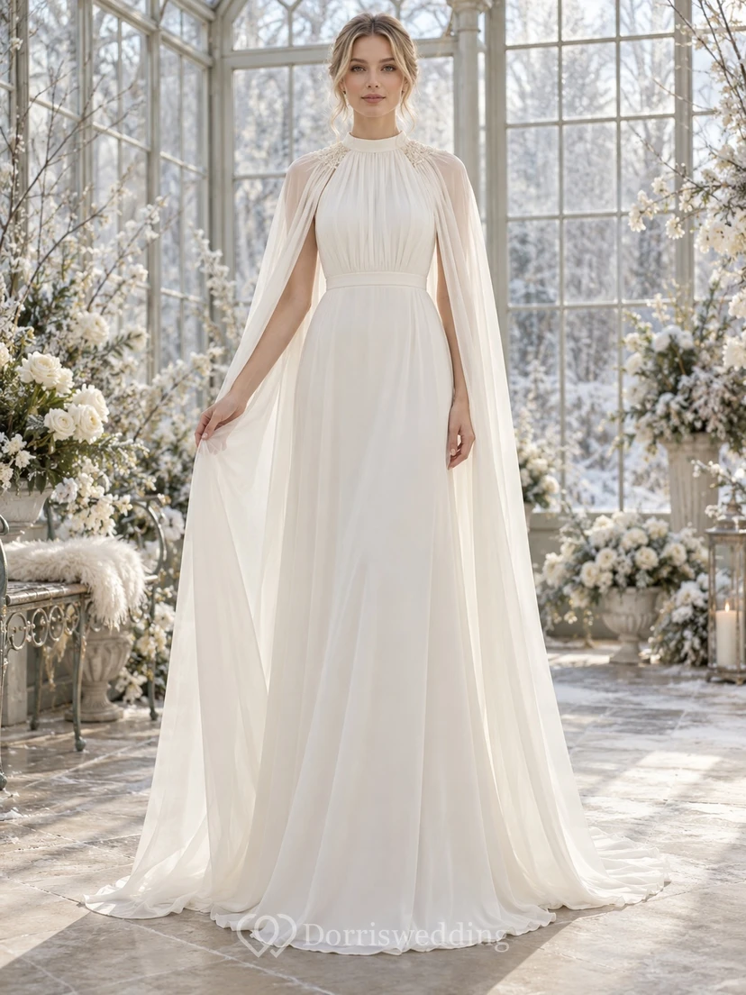 Schlichtes, hochgeschlossenes, plissiertes Chiffon-A-Linien-Hochzeitscape-Kleid