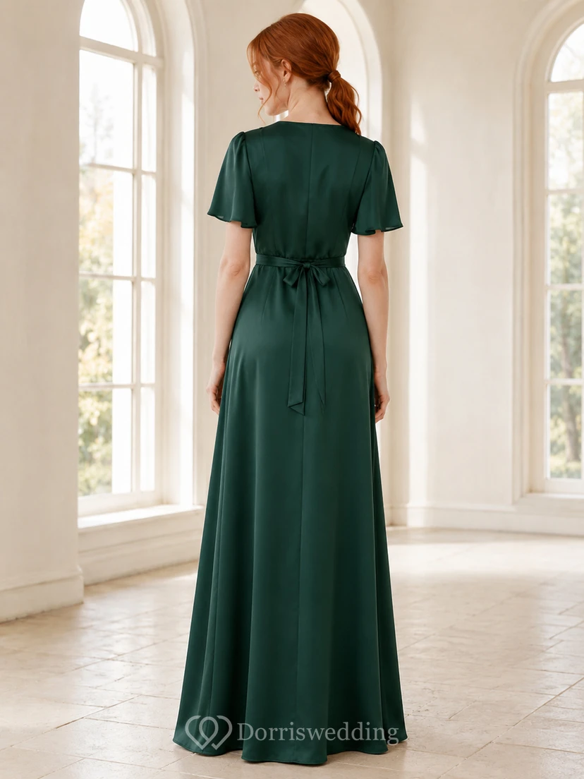 Dark green V-neck short sleeve wrap floor length bridesmaid dress view 2