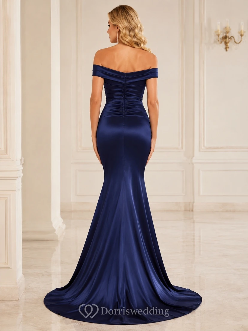 Navy Satin Off-the-shoulder Short Sleeve Mermaid Floor-length Ruched Elegant Formal Evening Gown view 2