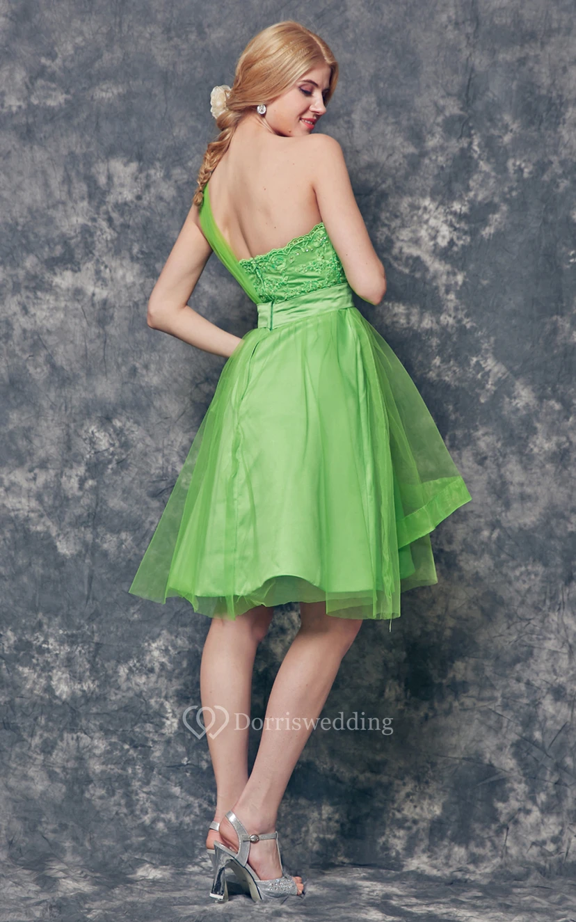 One Shoulder Appliqued Short Tulle Dress With Tiers view 3