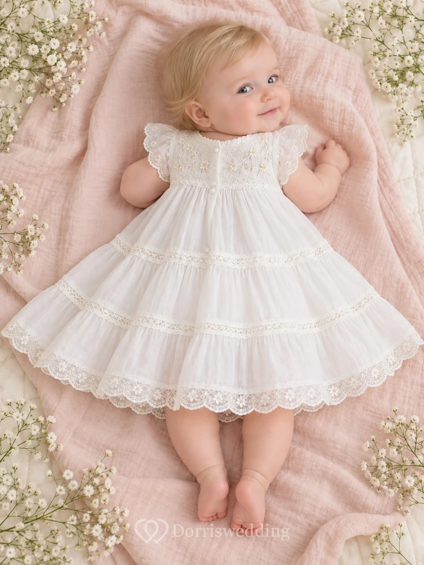 Robe de baptême pour bébé à volants, empiècement floral ivoire et manches courtes en dentelle. view 2