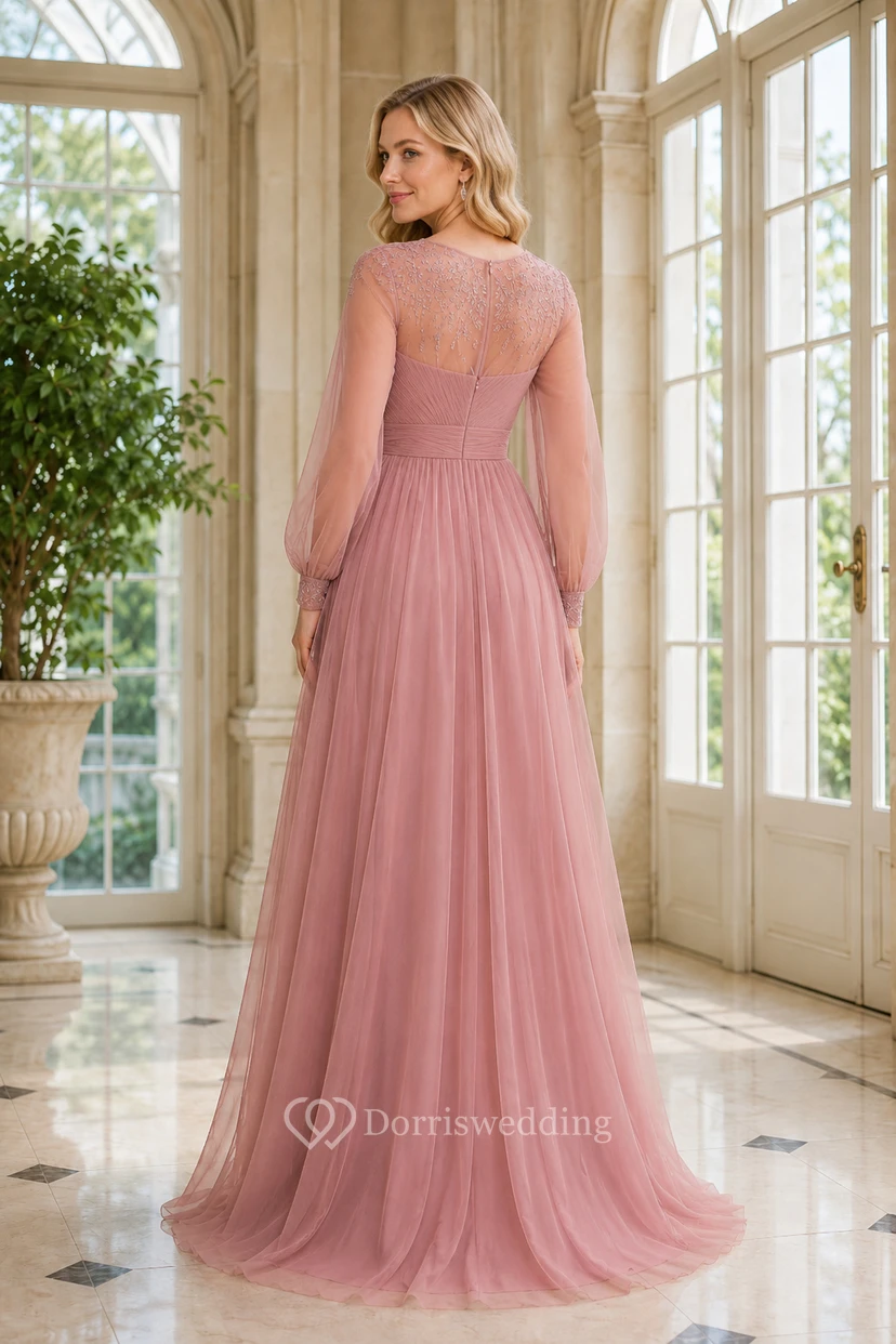 Robe de cérémonie modeste en tulle rose poudré à manches longues et coupe trapèze, avec corsage en dentelle, idéale pour la mère de la mariée et les invitées au mariage. view 2
