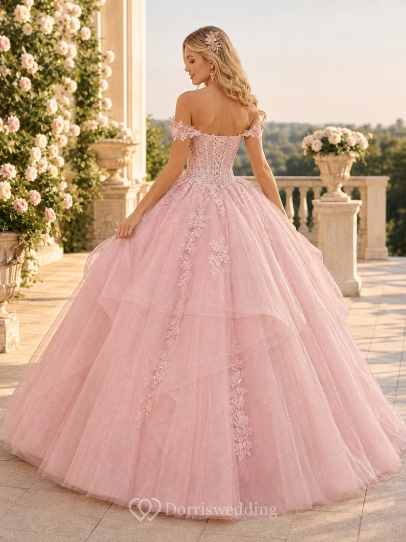 Blush Tulle Off-the-shoulder Floral Embroidered Ball Gown Floor-length Quinceanera Dress view 2